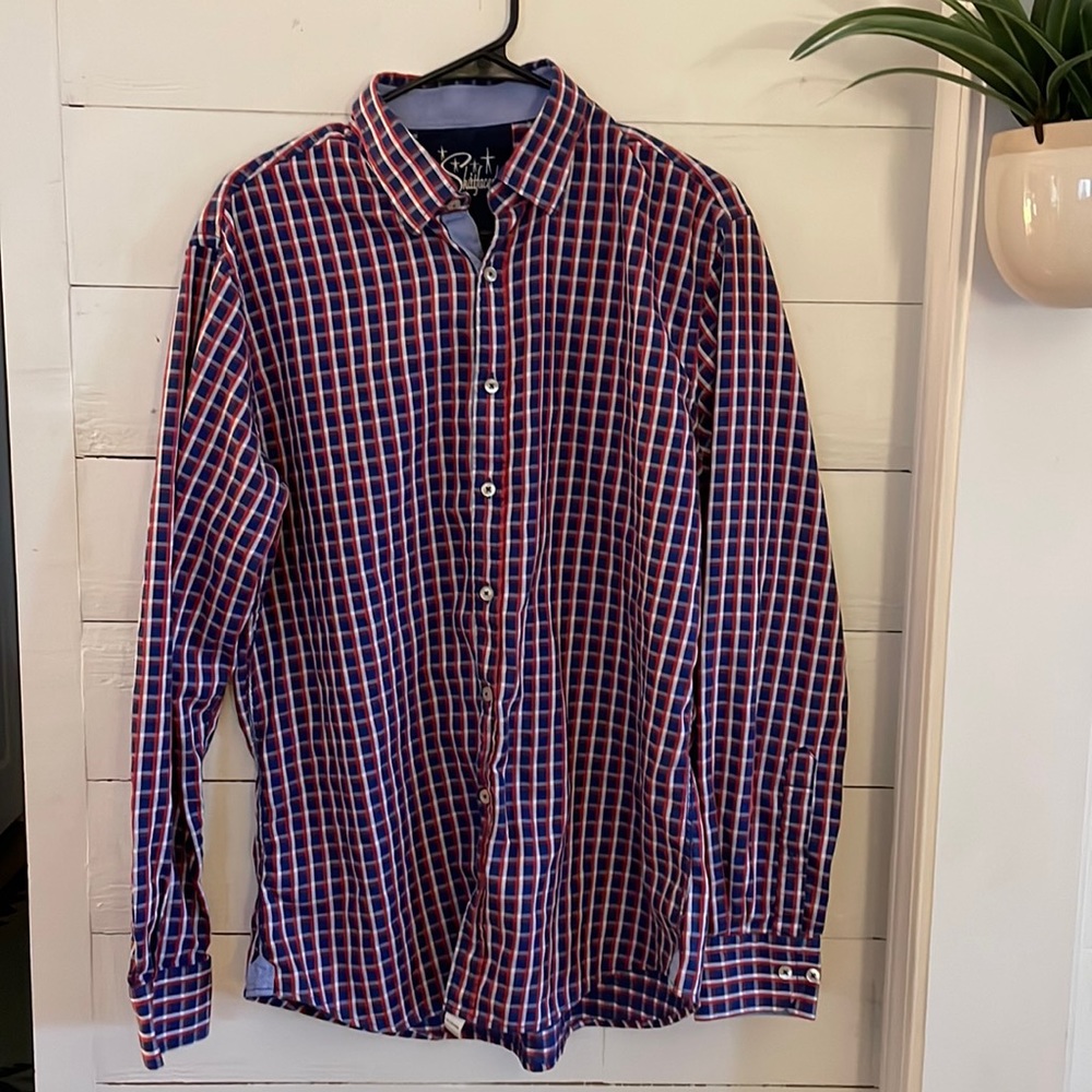 Men’s Shirtfaced Red and Blue Plaid LS Buttondown Shirt, Size Large